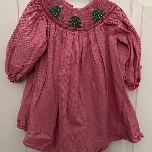 Red Gingham Smocked Dress with Christmas Trees